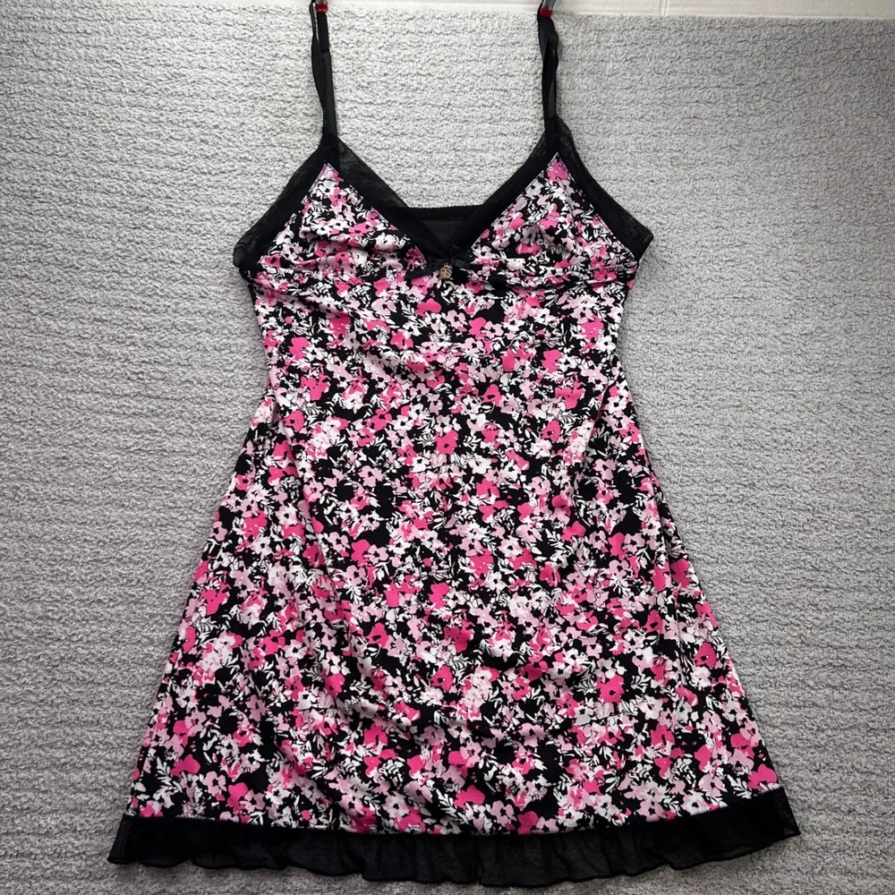 Jessica Simpson Floral Chemise Pink Black Mesh Slip Medium Coquette Y2K Dainty